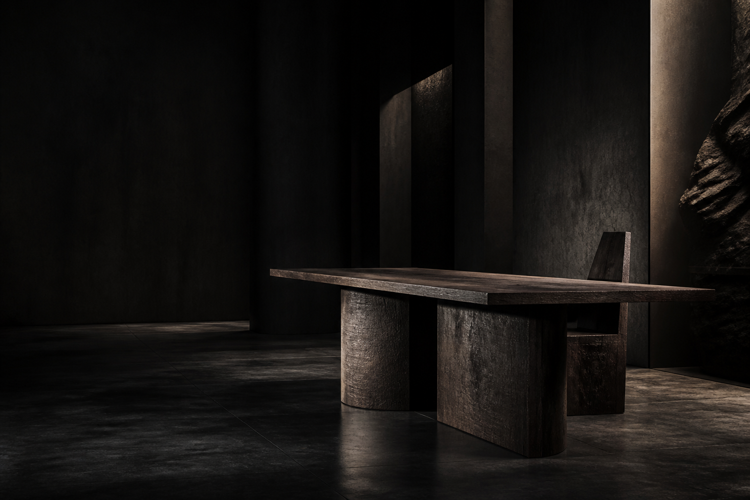 Sculptural dark wood furniture in a cinematic architectural studio